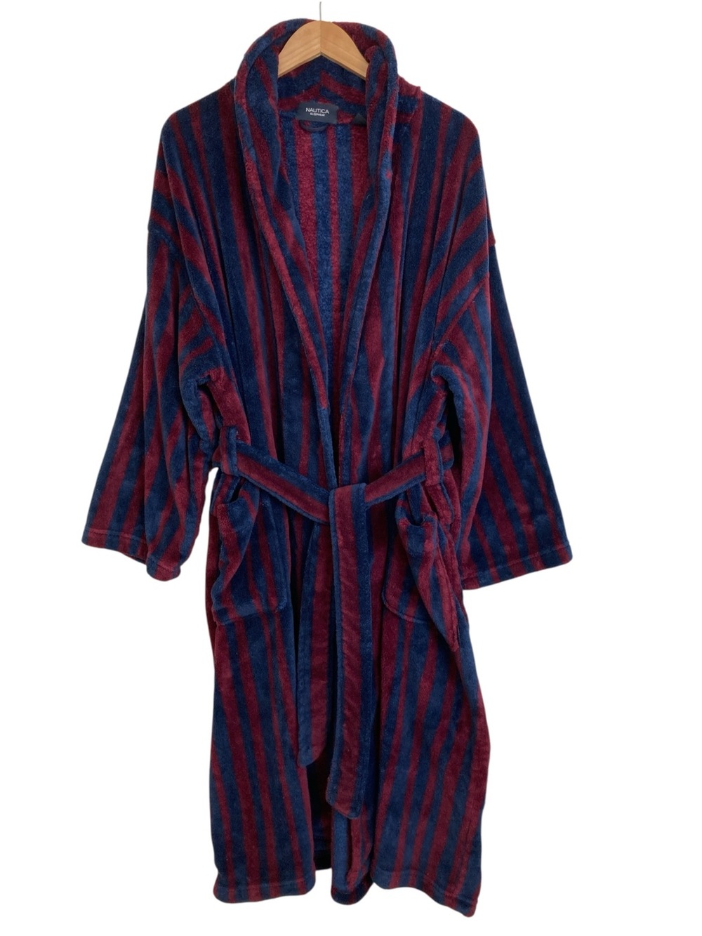 Nautica Men's Plush Burgundy & Navy Striped Sleepwear Robe, One Size